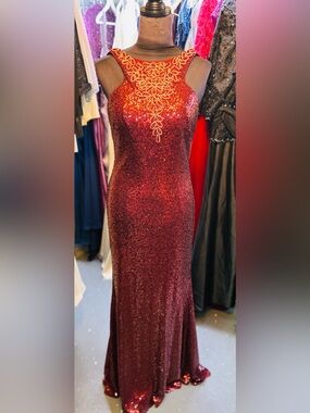 Jovani Burgundy Sequin Mermaid Gown with Embellished Illusion Neckline